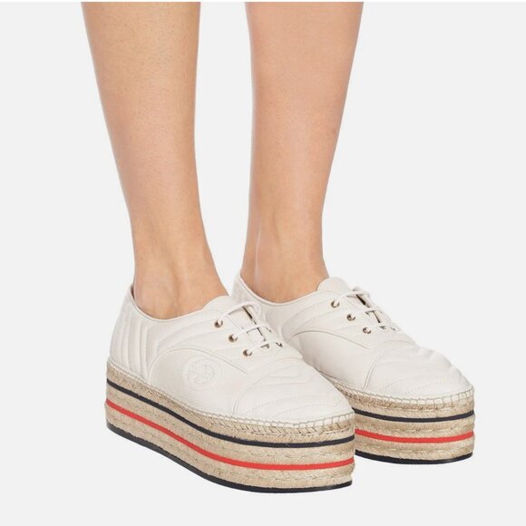 GUCCI SHOES PILAR WHITE LEATHER GG PLATFORM ESPADRILLE LACE-UP sz 37 US 7